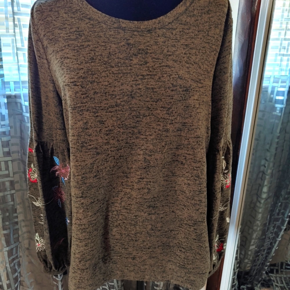 Time and Tru Olive Crew Neck Sweater with Floral Embroidery